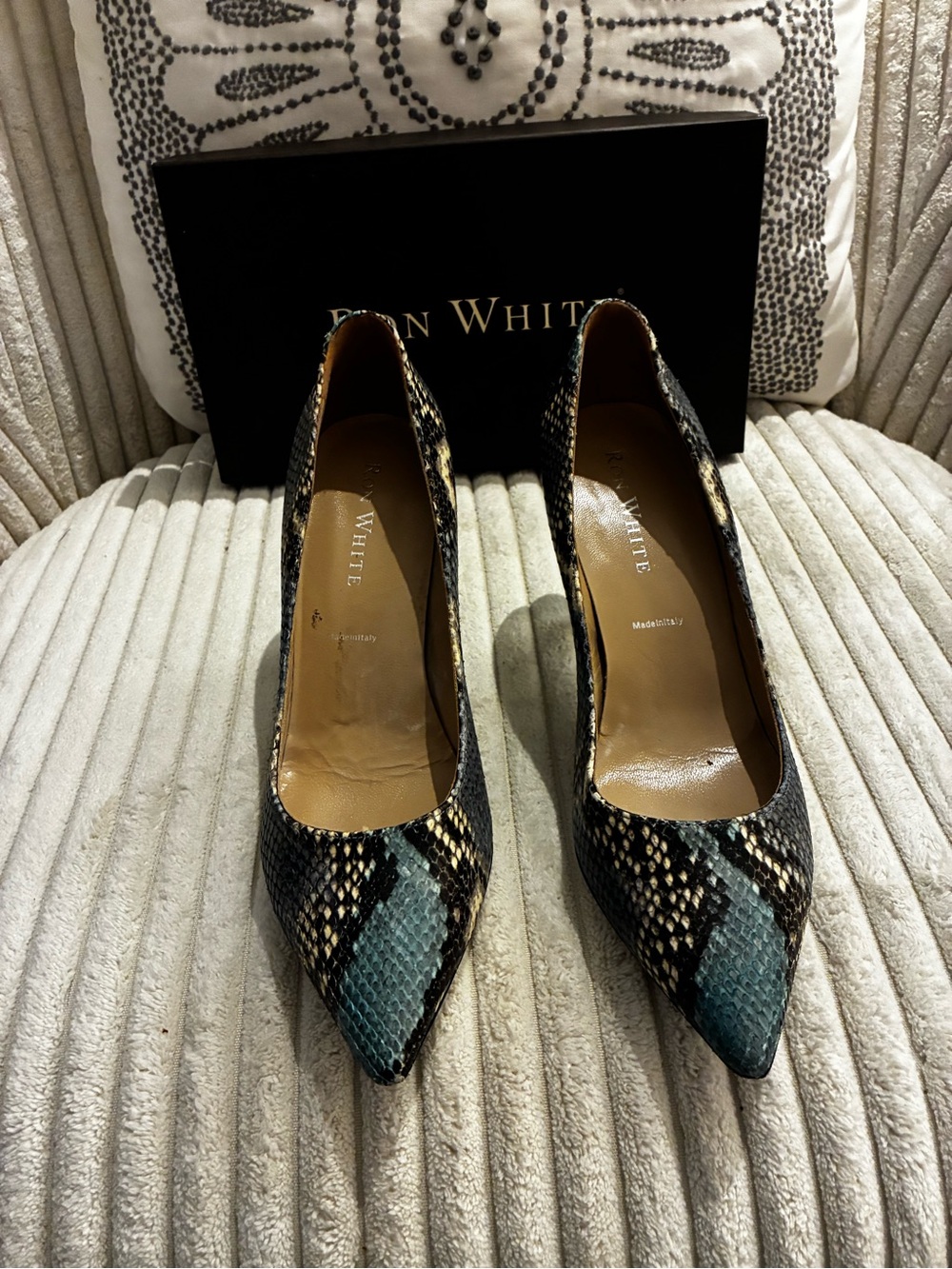 Ron White Sky Blue Snake-Print Pointed Toe Pumps